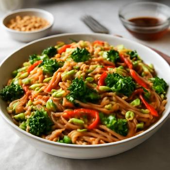 Légumes sautés aux cacahuètes et nouilles de riz
