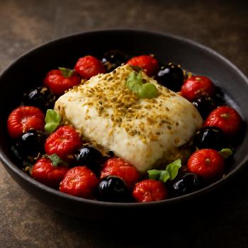 Filet de Cabillaud au Four, Tomates Cerises et Olives