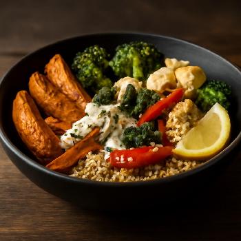 Patates Douces au Four, Quinoa et Légumes Rôtis : Un Plat Végétarien Riche en Fibres