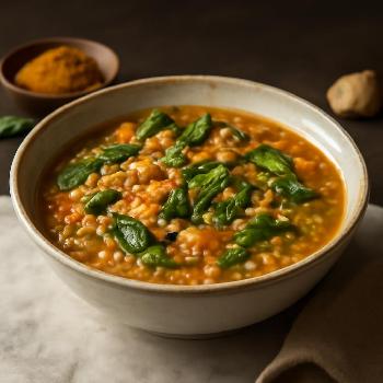 Soupe de Lentilles Rouges et Épinards au Curry (Sans Lait)