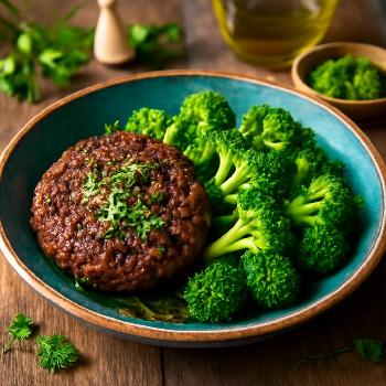 Steak haché aux épices, brocolis vapeur et sauce chimichurri, menu Whole30