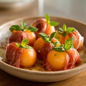 Bouchées de melon et jambon cru à la menthe