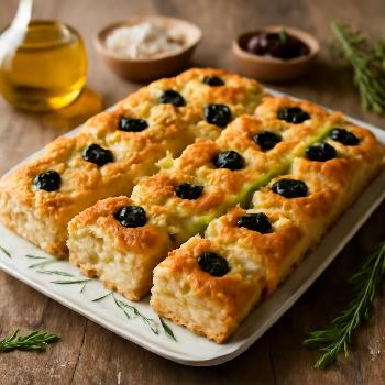 Focaccia en Carrés aux Olives et Romarin