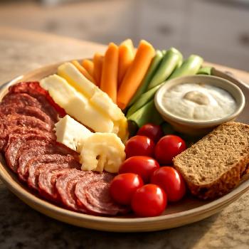 Plateau salami, fromages et légumes croquants