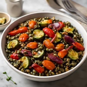 Salade de lentilles du Puy aux légumes rôtis et vinaigrette à la moutarde