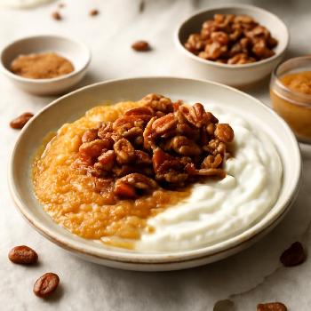 Bol déjeuner au yaourt grec avec compote de pommes et noix caramélisées