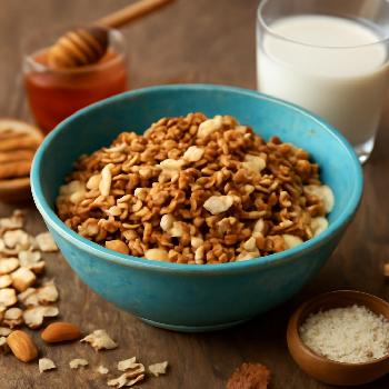 Granola maison croustillant au miel et amandes servi avec lait d'amande