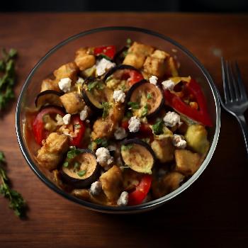 Pouding au pain salé aux légumes grillés et feta