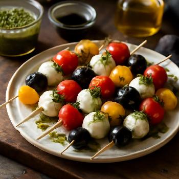Brochettes Caprese Pesto et Olives Noires