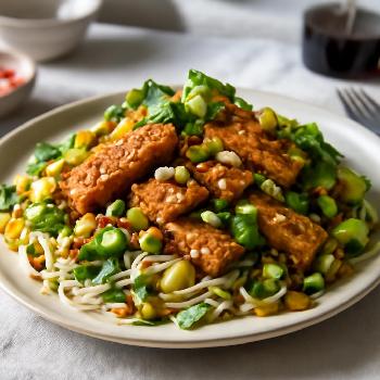 Salade de Tempeh Mariné à l'Asiatique et Nouilles de Riz