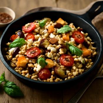Salade tiède d'orge perlé aux légumes rôtis et feta