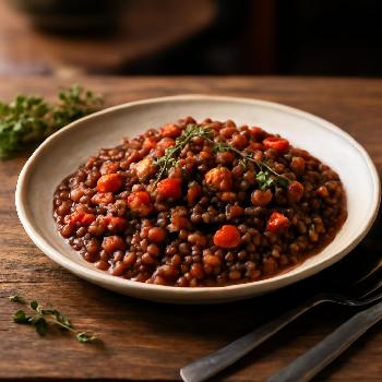 Ragoût de lentilles végétalien au vin rouge et herbes de Provence