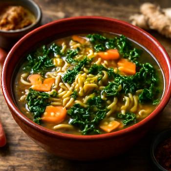 Soupe de nouilles végétalienne au miso et légumes d'hiver
